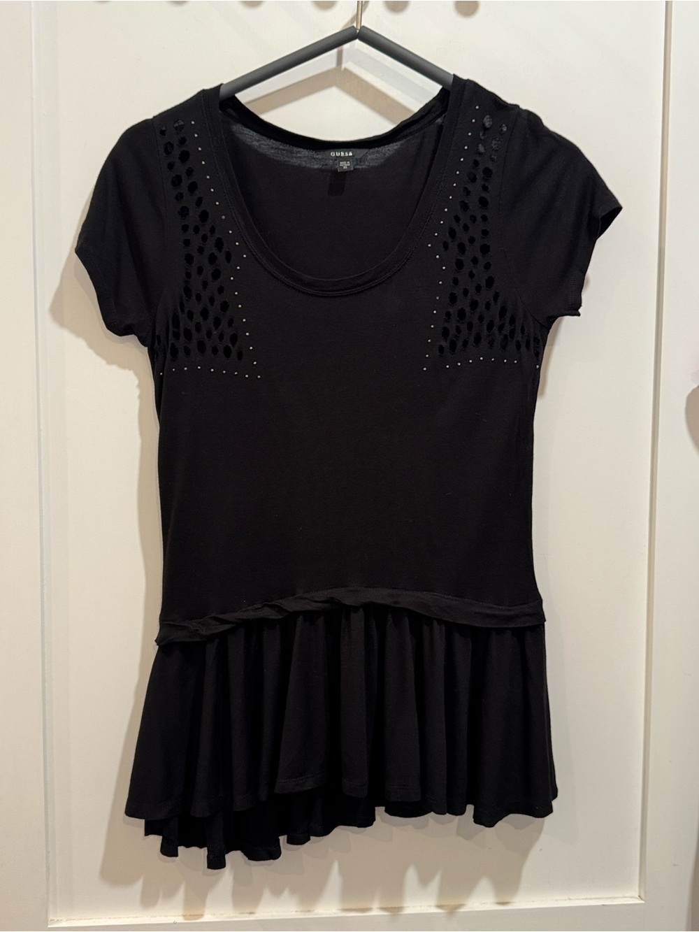Guess XS wm’s Black Short Sleeve Peplum Top with rhinestone and Cutout Detail